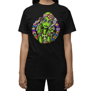 Hippie Girl T-Shirt, Hippie Alien Shirt, Alien Smoking Weed, Hippie Clothing, Hippie Floral Clothes, Womens Hippie T-Shirt - Psychonautica Store