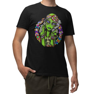 Hippie Girl Shirt, Alien Hippie Shirt, Alien Smoking Weed, Hippie Clothing, Hippie Clothes, Floral Hippie T-Shirt - Psychonautica Store