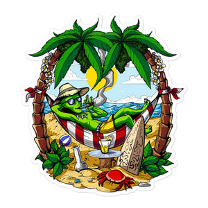 Alien Smoking Weed Sticker, Alien Hippie Stoner Sticker, Hippie Alien Decal, Summer Vacation Stickers, Alien On The Beach Decals, Alien Smoking Cannabis Sticker - Psychonautica Store