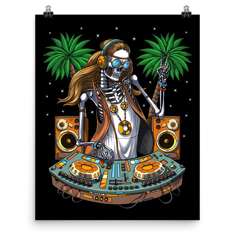 Skeleton Hippie Poster, Hippie DJ Art Print, Psytrance Music DJ Poster,Hippie Festival Art, EDM Music DJ Art, Hippie Synthesizer Player Poster, Techno Disco DJ Poster - Psychonautica Store