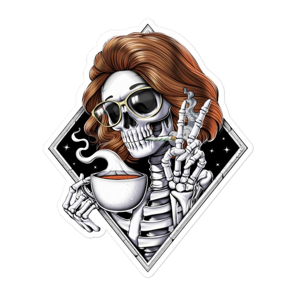 Skeleton Hippie Stoner Coffee And Weed Sticker - Psychonautica Skeleton Hippie Stoner Coffee And Weed Sticker - Psychonautica