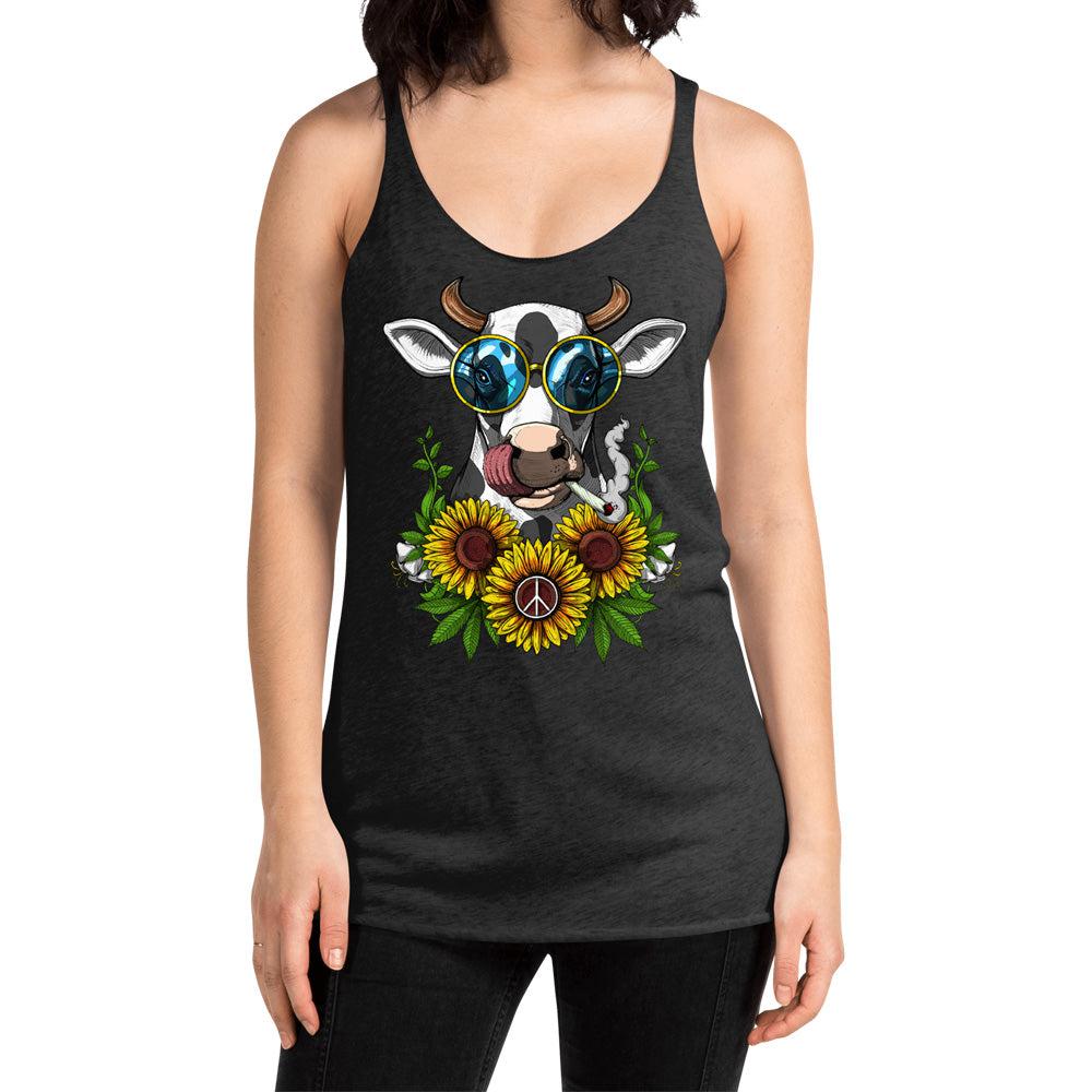 Cow Sunflowers Tank, Cow Hippie Tank, Cow Smoking Weed, Hippie Tank, Hippie Clothes - Psychonautica Store