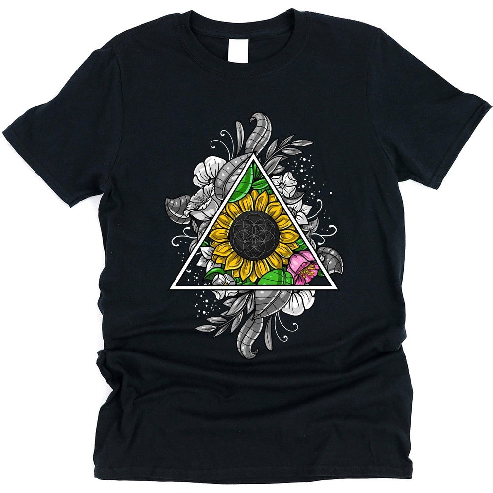 Sunflowers T-Shirt, Sacred Geometry T-Shirt, Floral Hippie Shirt, Sunflowers Clothing, Hippie Flowers T-Shirt, Floral Hippie Clothes, Floral Boho Clothes - Psychonautica Store