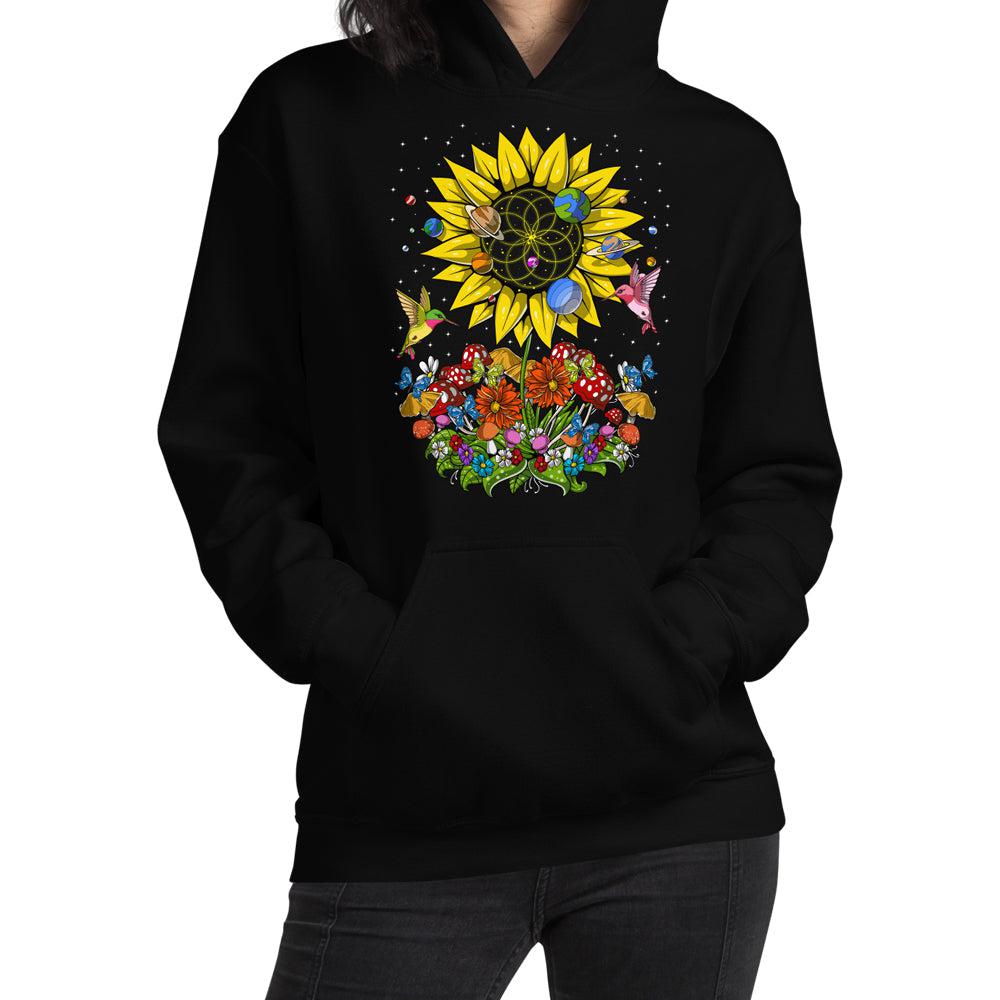 Psychedelic Sunflower Hoodie, Sunflower Hoodie, Hippie Sweatshirt, Nature Hoodie, Hippie Floral Clothes, Botanical Hoodie - Psychonautica Store