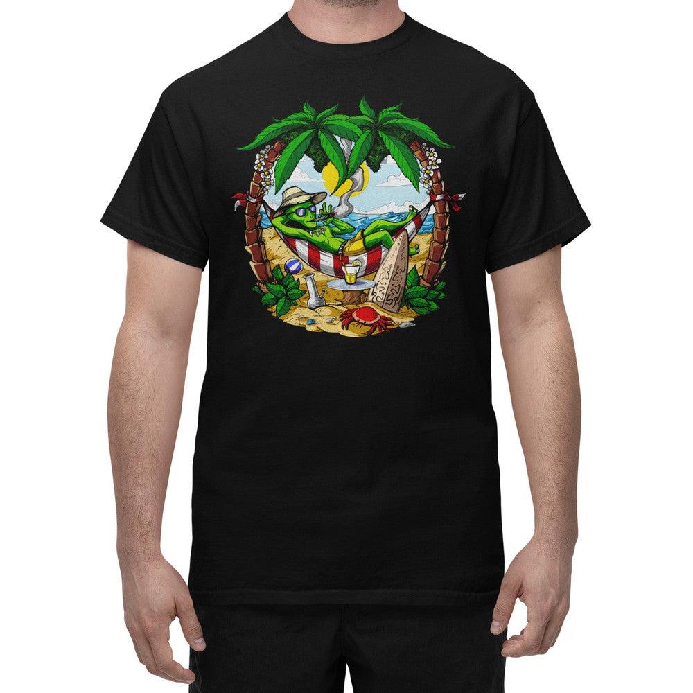 Alien Smoking Weed T-Shirt, Alien Hippie Stoner Shirt, Hippie Festival Clothing, Summer Vacation Tee, Alien On The Beach Shirt, Alien Smoking Cannabis Mens Shirt - Psychonautica Store