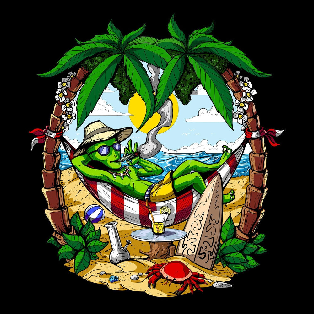 Alien Smoking Weed, Alien Hippie Stoner, Hippie Festival, Summer Vacation, Alien On The Beach, Alien Smoking Cannabis - Psychonautica Store