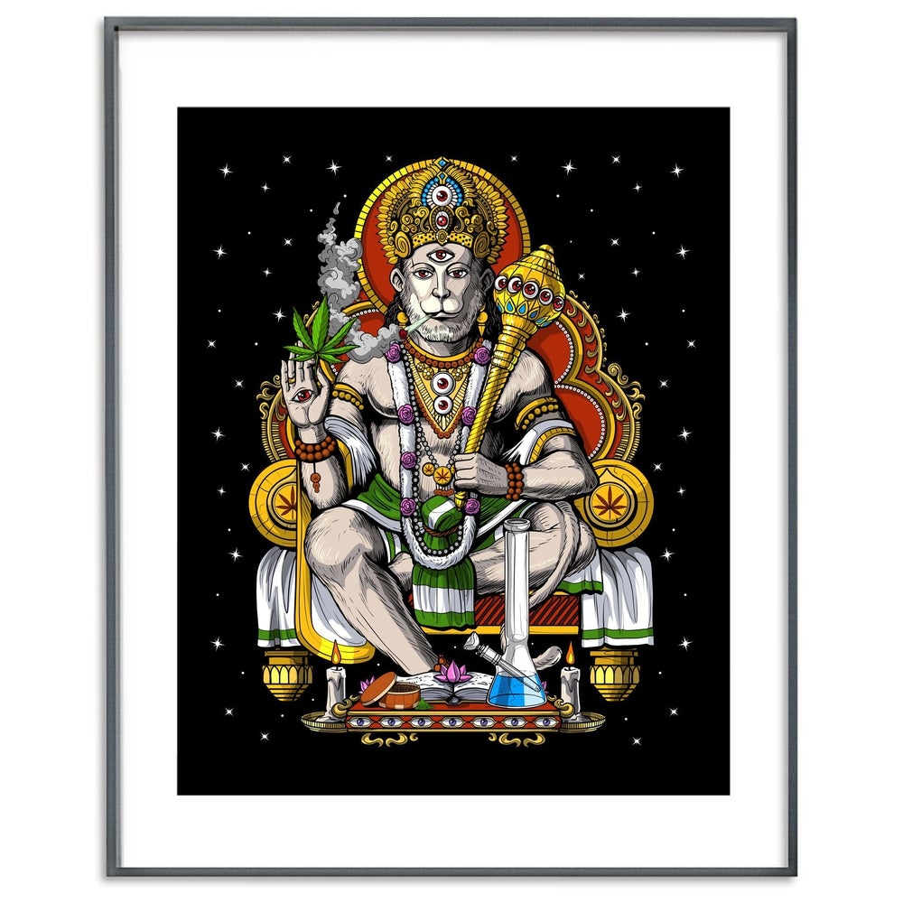 Hindu God Hanuman Poster, Hippie Stoner Art Print, Psychedelic Hindu Poster, Hindu Deity Poster, Hanuman Smoking Weed Art Print, Psychedelic Hindu Art - Psychonautica Store