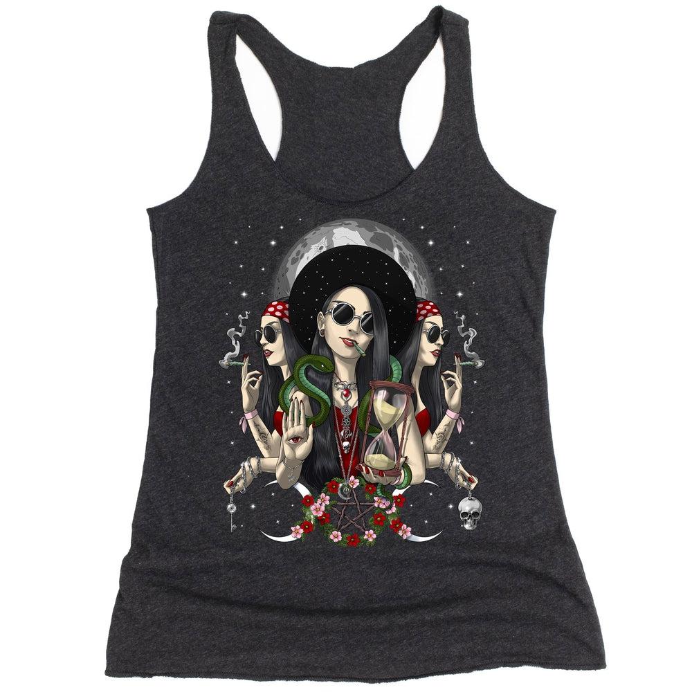 Hecate Moon Goddess Womens Tank, Hecate Triple Moon Goddess Tank Top, Hippie Goth Girl Clothing, Hecate Pagan Goddess Clothes, Occult Wicca Gothic Goddess Tank, Hecate Witch Greek Goddess Tank - Psychonautica Store