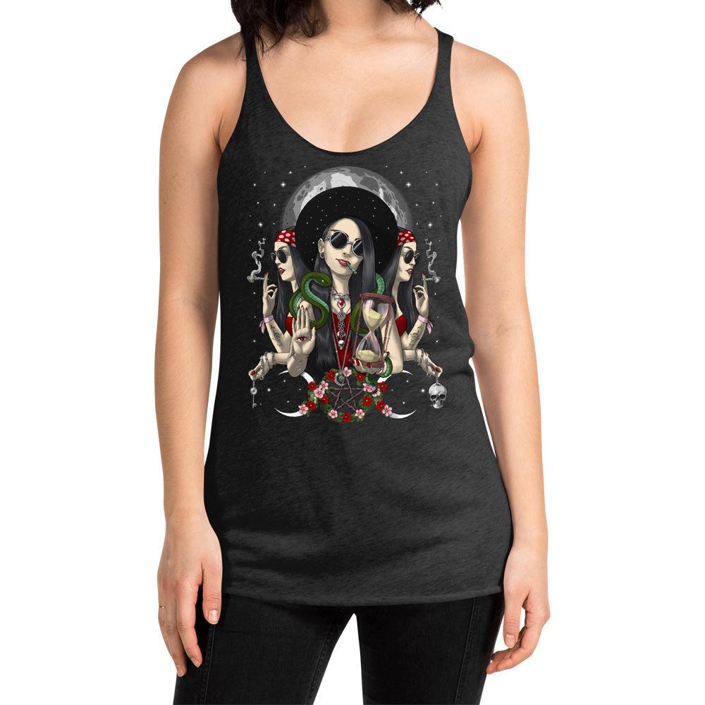 Hecate Moon Goddess Womens Tank, Hecate Triple Moon Goddess Tank Top, Hippie Goth Girl Clothing, Hecate Pagan Goddess Clothes, Occult Wicca Gothic Goddess Tank, Hecate Witch Greek Goddess Tank - Psychonautica Store