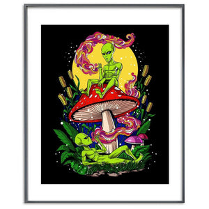 Magic Mushrooms Aliens Poster, Aliens Smoking Weed Art Print, Trippy Psychedelic Poster, Stoner Hippie Art Print - Psychonautica Store