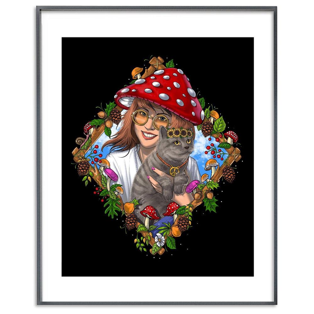 Hippie Poster, Mushroom Art Print, Mushroom Cat Poster, Cottagecore Poster, Magic Mushrooms Poster, Fairycore Poster, Amanita Muscaria Art Print - Psychonautica Store