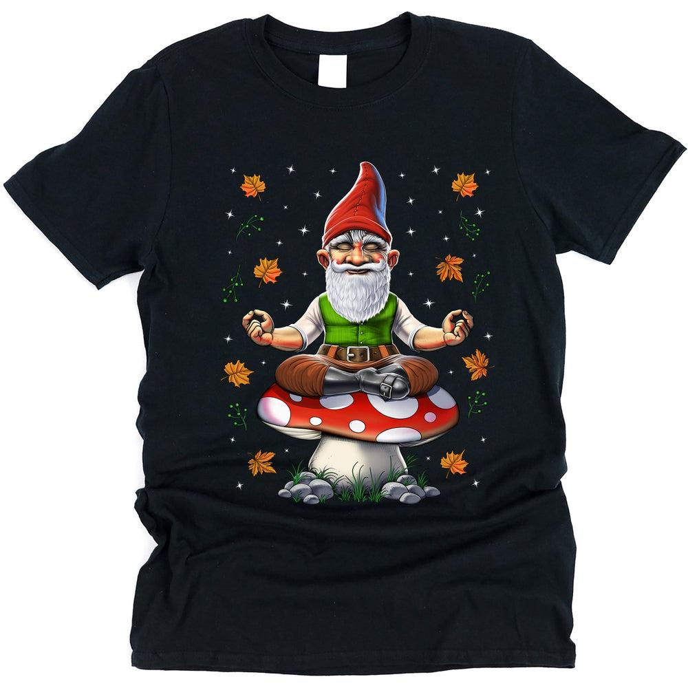 Mushroom Gnome T-Shirt, Gnome Meditation Shirt, Cottagecore Gnome Tee, Hippie Gnome Yoga Shirt, Magic Mushroom Forest Clothes, Mushroom Yoga Shirt, Fantasy Gnome Clothing - Psychonautica Store