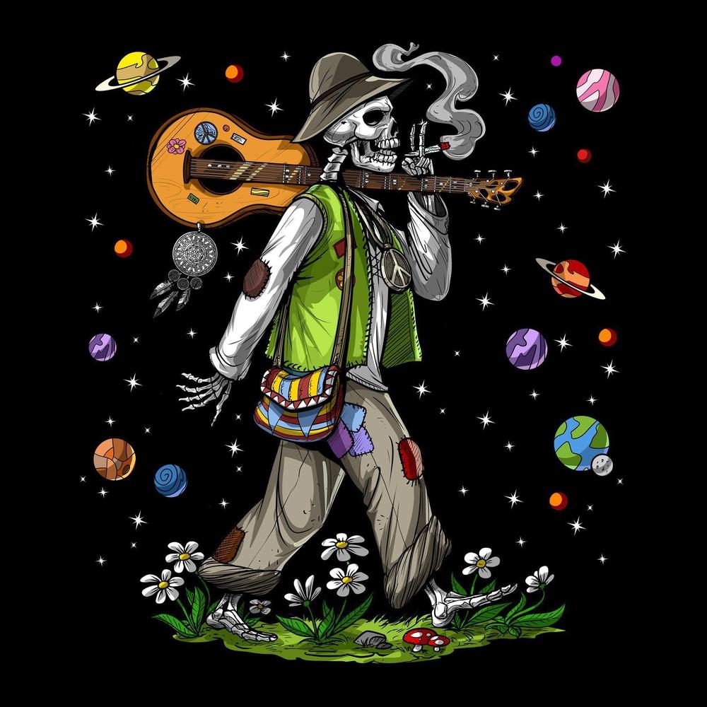 Psychedelic Skeleton, Hippie Skeleton, Skeleton Smoking Weed, Stoner Skeleton, Hippie Smoking Weed - Psychonautica Store