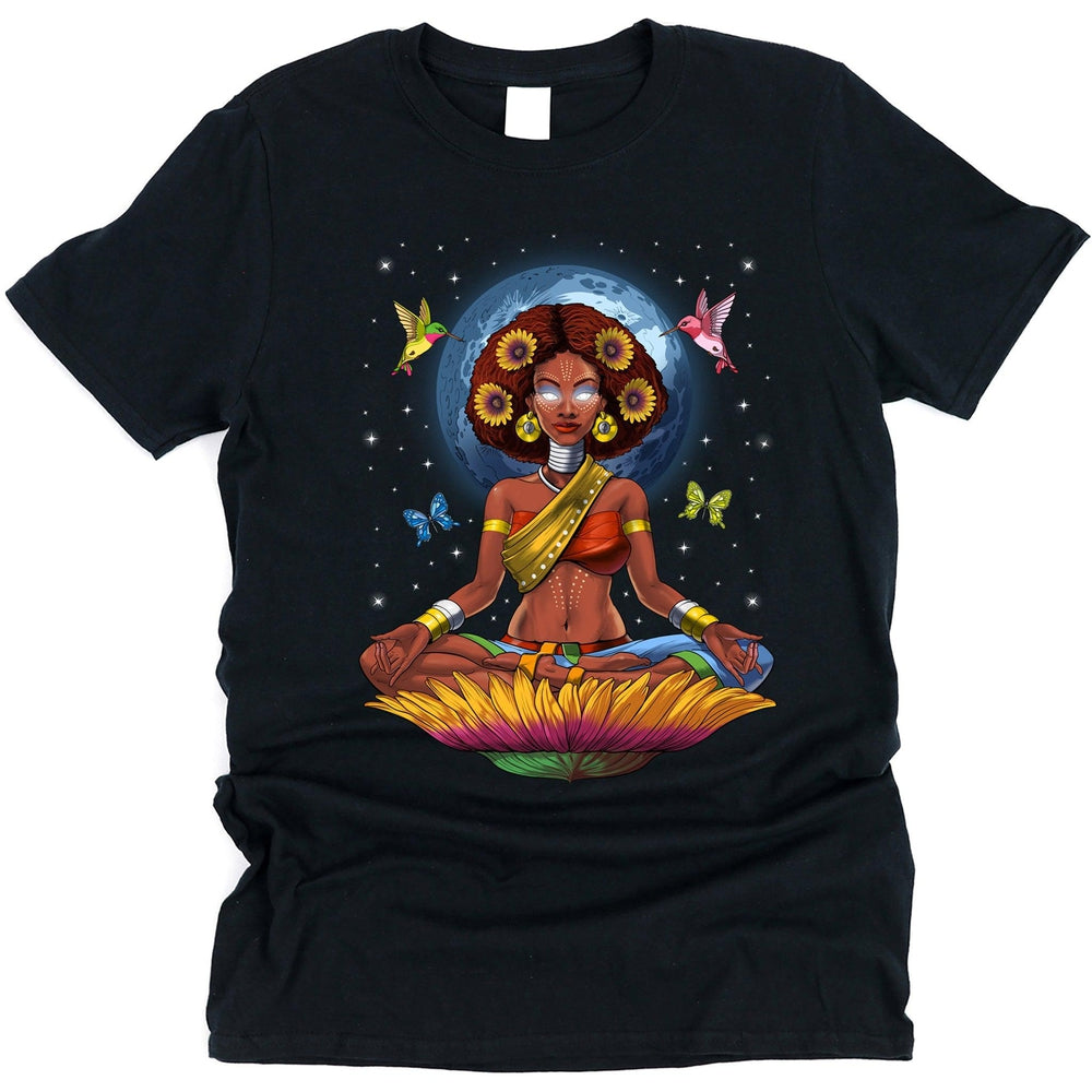 African Goddess Afro Black Hippie Girl Yoga T-Shirt - Psychonautica