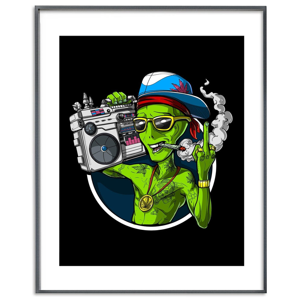 Alien Smoking Weed Poster, Stoner Art Print, Cannabis Art Print, Boombox Poster, Middle Finger Poster - Psychonautica Store