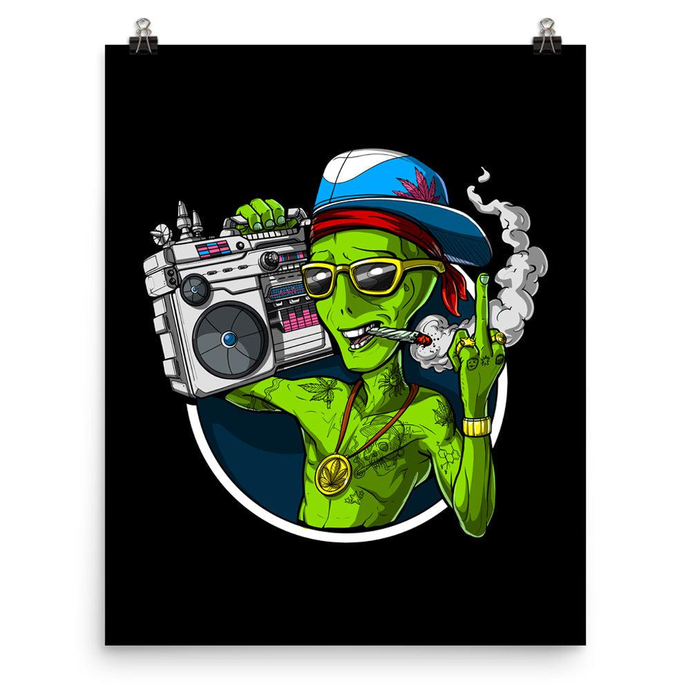 Alien Smoking Weed Poster, Stoner Art Print, Cannabis Art Print, Boombox Poster, Middle Finger Poster - Psychonautica Store