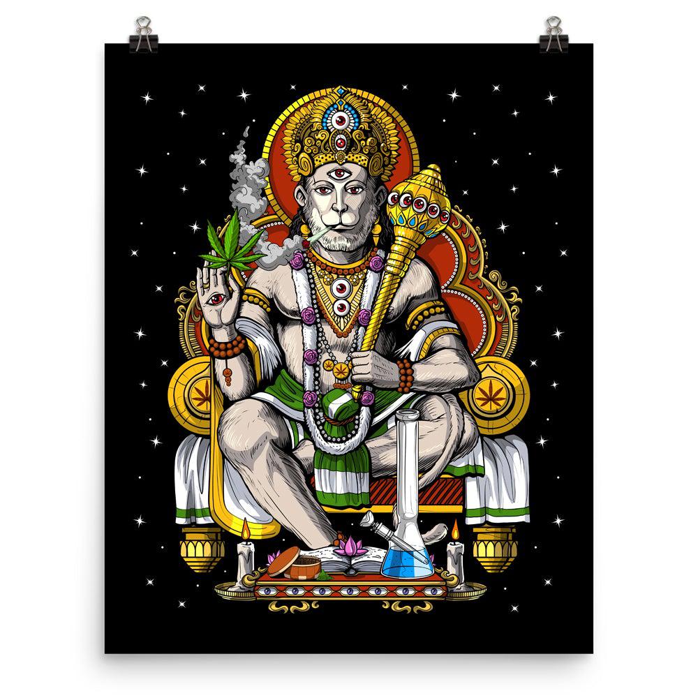 Hindu God Hanuman Poster, Hippie Stoner Art Print, Psychedelic Hindu Poster, Hindu Deity Poster, Hanuman Smoking Weed Art Print, Psychedelic Hindu Art - Psychonautica Store
