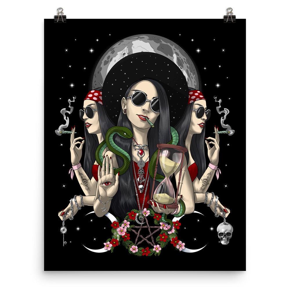 Hecate Goddess Art Print, Triple Moon Goddess Art Print, Hippie Goth Art Print, Hecate Gothic Pagan Goddess Art Print, Occult Wicca Goddess Poster, Hecate Witch Goddess Poster - Psychonautica Store
