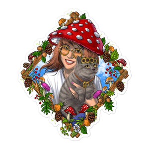 Hippie Magic Mushroom Cat Forest Cottagecore Sticker - Psychonautica