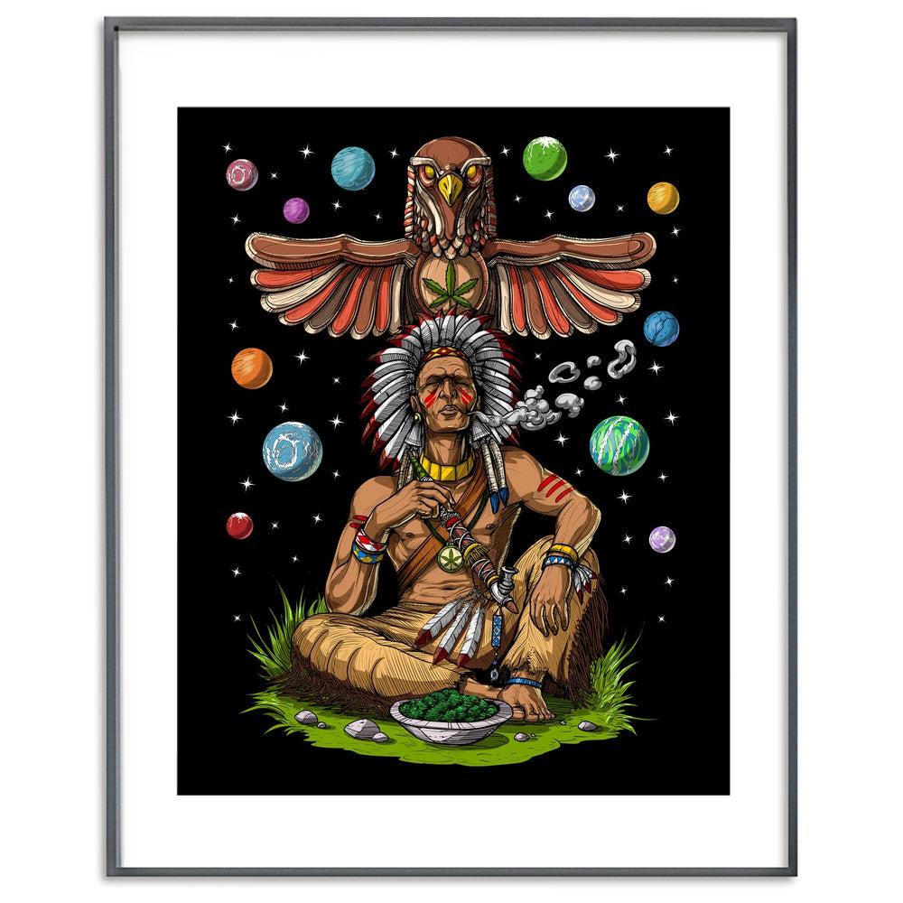 Native American Chief Smoking Weed Art Print, Native American Chief Poster, Trippy Weed Poster, Stoner Art Print, Cannabis Poster, Psychedelic Art Print - Psychonautica Store
