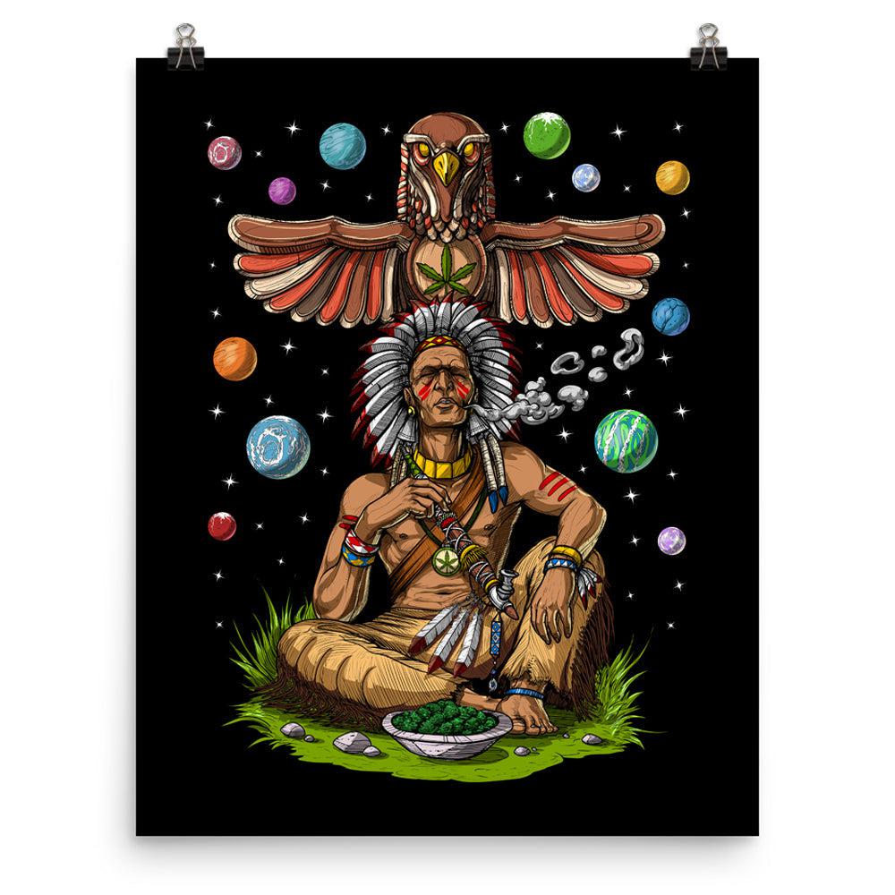 Native American Chief Smoking Weed Art Print, Native American Chief Poster, Trippy Weed Poster, Stoner Art Print, Cannabis Poster, Psychedelic Art Print - Psychonautica Store
