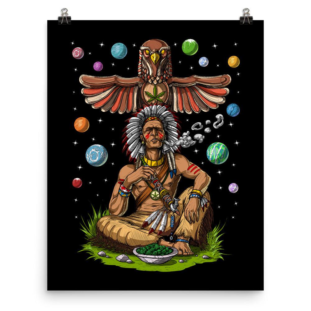 Native American Chief Smoking Weed Art Print, Native American Chief Poster, Trippy Weed Poster, Stoner Art Print, Cannabis Poster, Psychedelic Art Print - Psychonautica Store