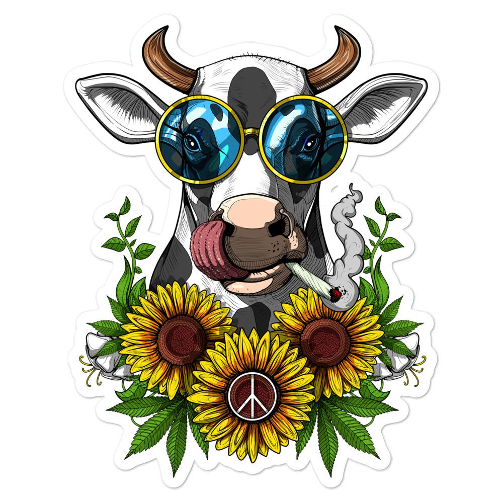 Cow Hippie Sticker, Sunflowers Sticker, Hippie Stickers, Stoner Sticker, Funny Cow Decal, Cannabis Sticker - Psychonautica Store