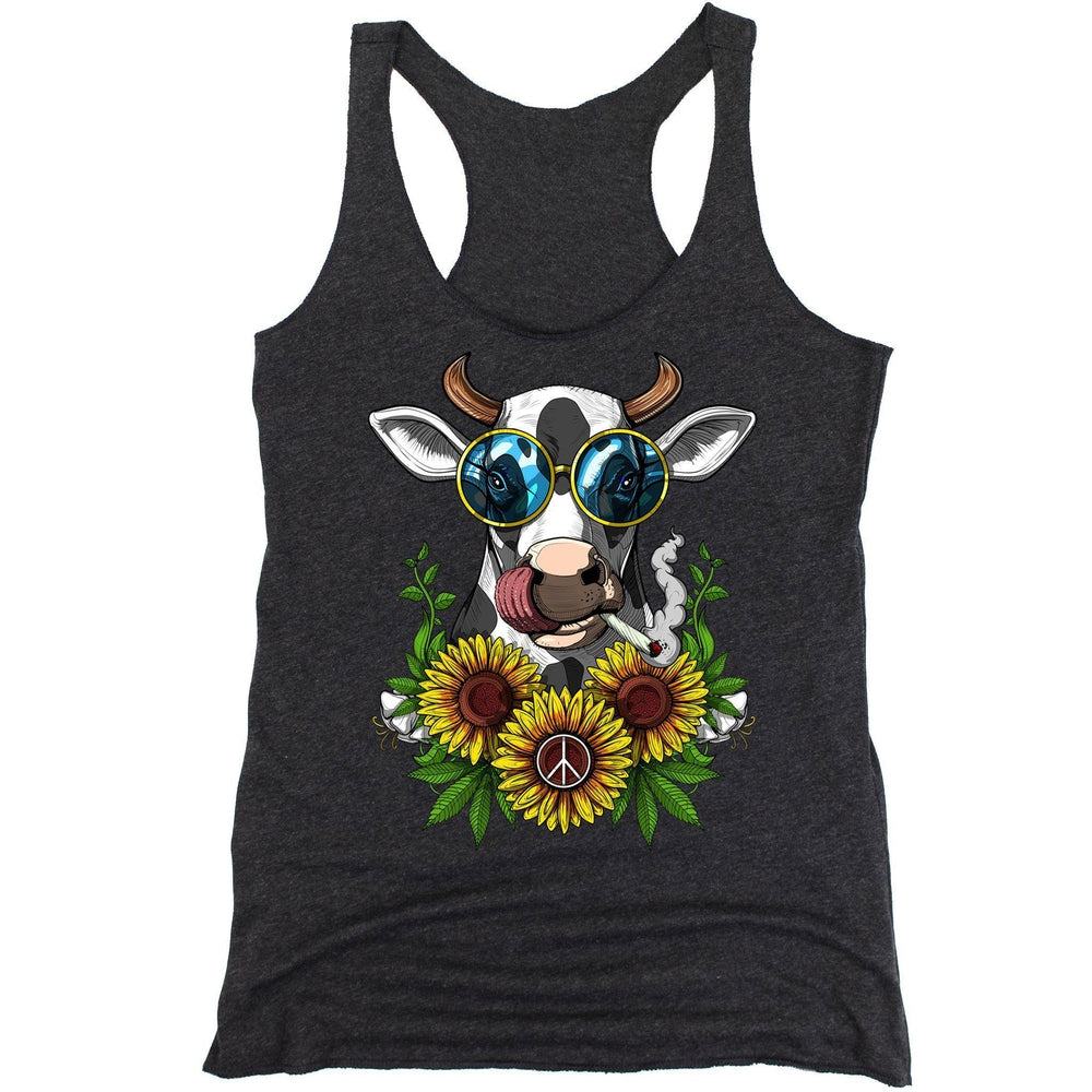 Cow Sunflowers Tank, Cow Hippie Tank, Cow Smoking Weed, Hippie Tank, Hippie Clothes - Psychonautica Store