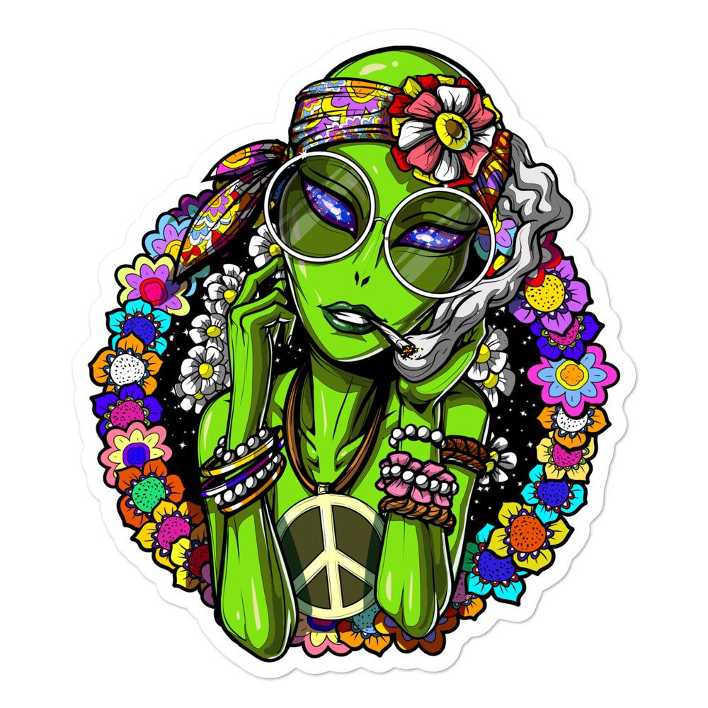 Hippie Alien Sticker, Alien Smoking Weed, Stoner Sticker, Psychedelic Decals, Aliens Hippie, Funny Alien Stickers - Psychonautica Store
