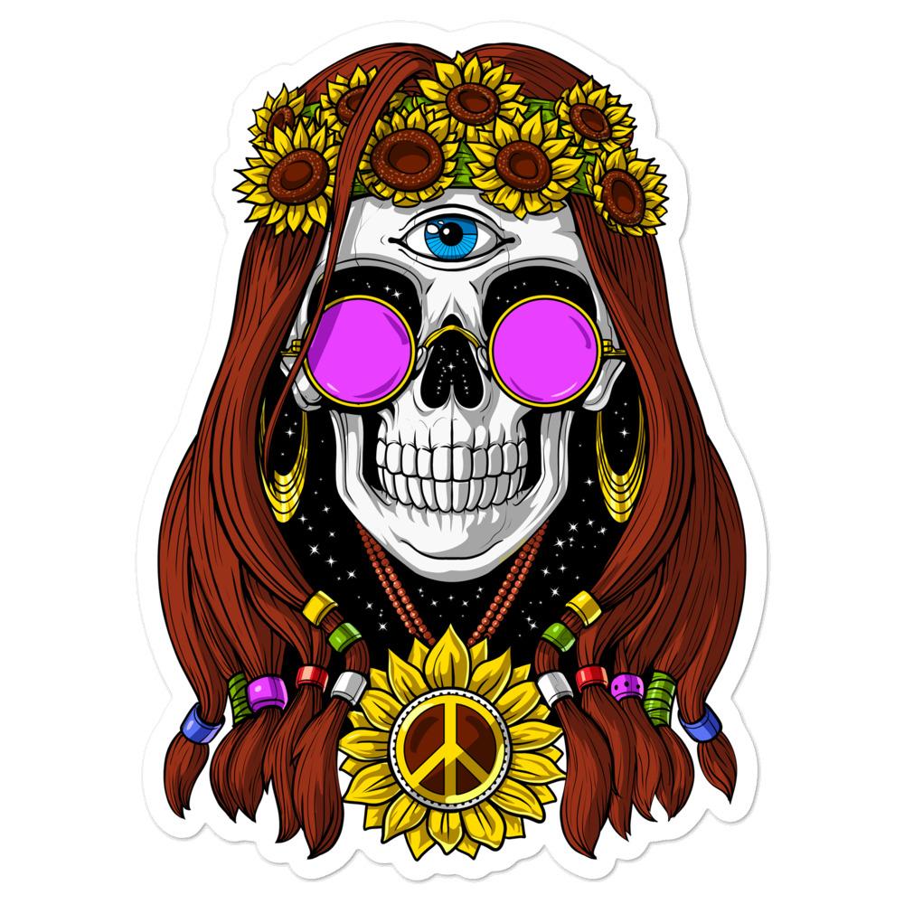 Hippie Skull Sticker, Psychedelic Skull Stickers, Hippie Skeleton Sticker, Trippy Decals, Sunflowers Stickers, Hippie Decal - Psychonautica